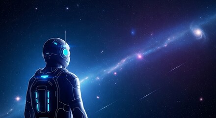 Astronaut in Futuristic Space Suit Floating in Galaxy.