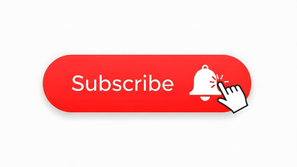 Digital call to action graphic with a bright red subscribe button, notification bell icon, and a mouse cursor clicking to activate alerts for online content updates