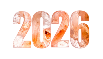Digitized "2026" text, filled with a marbled beige & orange design