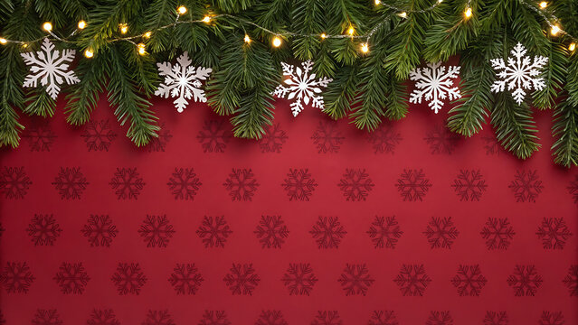 Festive snowflake garland on red background - Powered by Adobe