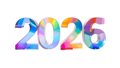 Digitally rendered iridescent "2026" on a black background