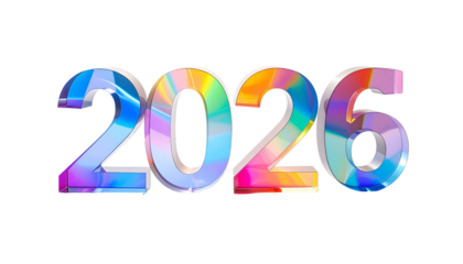 Digitally rendered iridescent "2026" on a black background