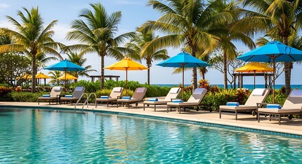 Row of empty lounge chairs sits beside a sparkling swimming pool beneath tropical palm trees