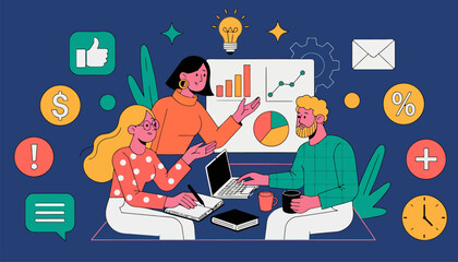 Business team collaborating on project with charts and laptop