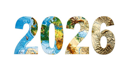 2026" displayed using world map textures against a black background