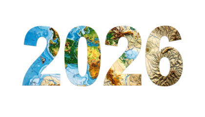 2026" displayed using world map textures against a black background