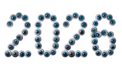A spooky 2026 constructed of multiple eyeball-shaped objects on black