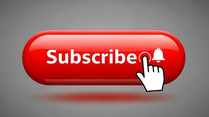 Red glossy subscribe button with a bell icon and a hand cursor, urging viewers to subscribe to online content
