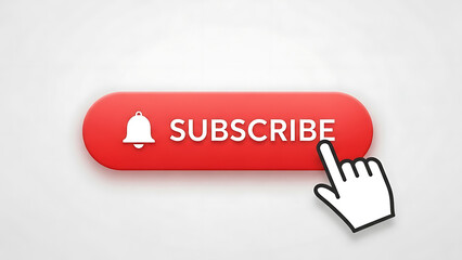 Red subscribe button with a bell icon and a hand cursor clicking it, symbolizing engagement and channel growth