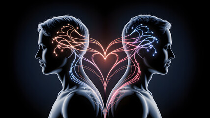 Connected minds with neural pathways forming heart shape, love and intelligence
