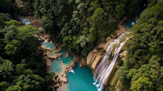 El chiflon waterfall cascading into turquoise pools amidst lush green jungle foliage in chiapas, mexico, creating a stunning natural landscape view from above