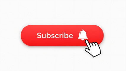 Vibrant red subscribe button with an active notification bell icon being clicked by a hand cursor, symbolizing online content engagement and channel subscription