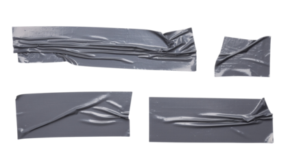 Gray duct tape pieces of varying sizes and shapes arranged on a white background are visible cutout on alpha channel