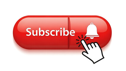 Glossy red call-to-action button for online subscriptions, featuring a notification bell icon being clicked by a pointer, encouraging user engagement on digital platforms