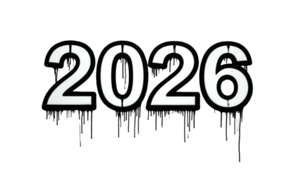 Bold, white stencil of the year 2026 on a stark black backdrop