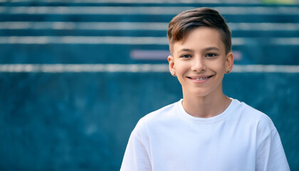 The image features a smiling teenage boy positioned on the right side of the frame, creating a balanced composition with plenty of negative space on the left.