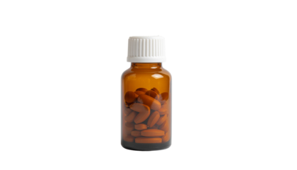 Amber bottle with a white cap containing liquid, possibly medicine or essential oil, stands upright on white and transparent