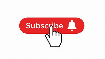 Red subscribe button with a bell icon and a cursor indicating a click action on a white background