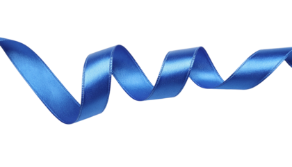 A shiny blue ribbon curves and spirals across a white background creating a decorative element in the composition product shot isolated