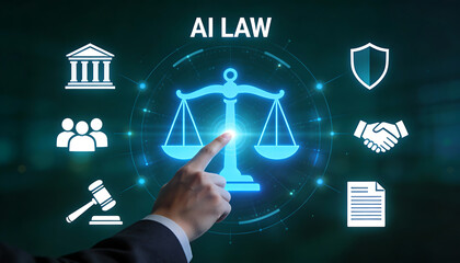 hand pointing at ai law digital interface with glowing blue justice scales and lawyer icons for artificial intelligence regulation cyber security and legal tech concept