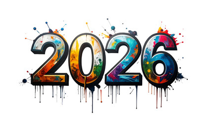 Vibrant, colorful "2026" with paint splatter over black background