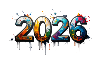 Vibrant, colorful "2026" with paint splatter over black background