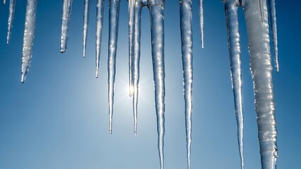 Icicles hanging from roof against blue sky.