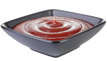Red sauce with a swirl pattern inside a square gray bowl with a glossy finish, casting a shadow below clean white background cutout