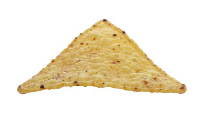 A single yellow triangular corn tortilla chip with visible dark specks, isolated on a plain, bright, clean surface white background cutout