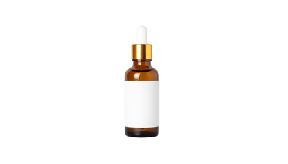 Naklejka premium Amber glass bottle with a white label and gold cap containing liquid, isolated on a plain surface white background cutout