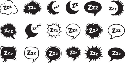 Mega Set of Bold Sleeping Icons featuring Solid Black Zzz Speech Bubbles, Midnight Moon Symbols and Minimalist Dream Cloud Silhouettes © rofikgraph24