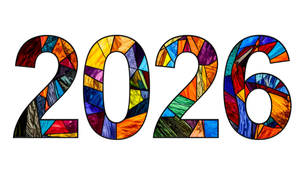 Colorful 2026 text composed of stained-glass style tiles on black - Powered by Adobe