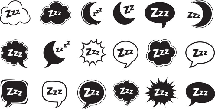 Mega Set of Bold Sleeping Icons featuring Solid Black Zzz Speech Bubbles, Midnight Moon Symbols and Minimalist Dream Cloud Silhouettes