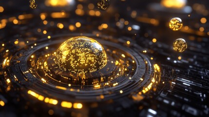 Abstract digital rendering showcasing a glowing golden sphere covered in illuminated data points hovering over complex futuristic technological circuits and dark background elements