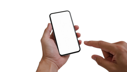 Hand holding a smartphone with a blank white screen and a finger touching it on a white background high-key lighting with cutout object