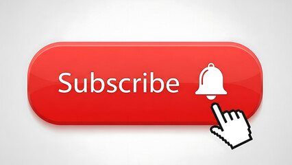 Click to subscribe and receive notifications with this vivid red button, featuring an inviting bell icon and a hand cursor, symbolizing online content engagement and updates