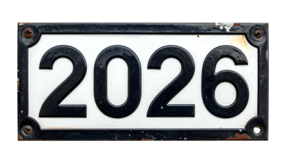 Rectangular address plaque showing the year 2026