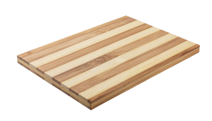 A rectangular wooden cutting board with light and dark brown stripes sits on a white background at an angle product shot isolated