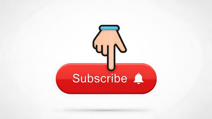 Hand clicking a red subscribe button with a bell icon, a graphic representation of user engagement and notification settings