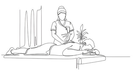 Female Massage Therapist Giving Massage to Woman on Massage Table with Plants