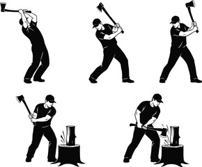 Lumberjack chopping wood illustration, man swinging axe poses, woodcutting action sequence, forestry worker silhouette set, log chopping artwork © Ashadujjaman