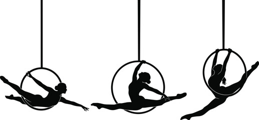 Aerial hoop gymnast silhouettes set for circus performance gymnastics training acrobatic artistic dance fitness strength and elegant flexible body movement concept © its