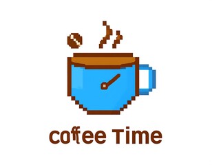 Pixelated graphic of a coffee cup with a clock and bean, steam