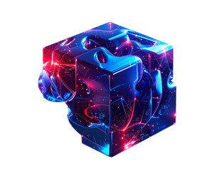 3D-rendered, luminescent blue cube with internal glowing network