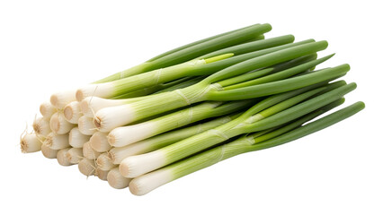 A close-up shot of a fresh bunch of green onions, showcasing crisp white bulb bases and vibrant green stalks