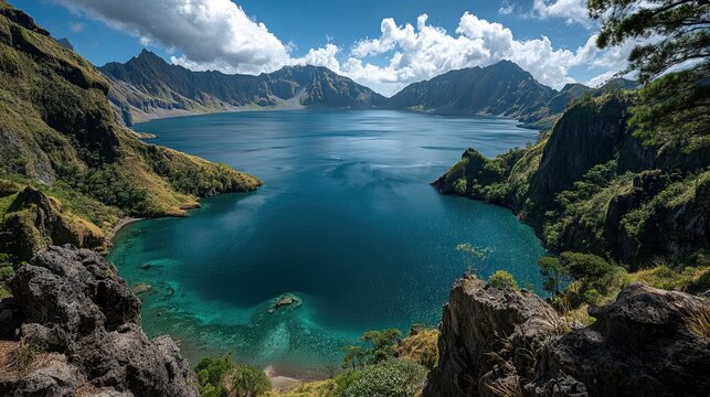 Tranquil Scenic Mountain Lake Landscape with Jagged Peaks and Lush Vegetation