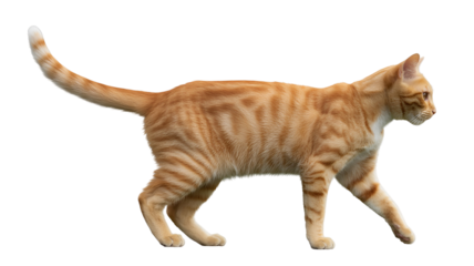 Orange tabby cat walking on white background, side view, showcasing beautiful fur texture and pattern, isolated feline with pet and animal and mammal and domestic