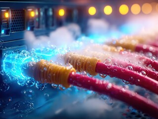 Vibrant network cables with glowing blue connections and water droplets
