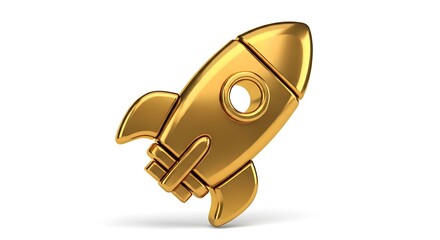 Shiny metallic gold three dimensional representation of a stylized rocket icon