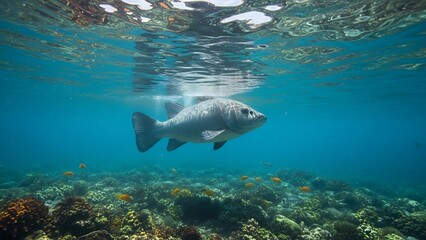 Fototapeta premium Large fish swimming underwater near coral.